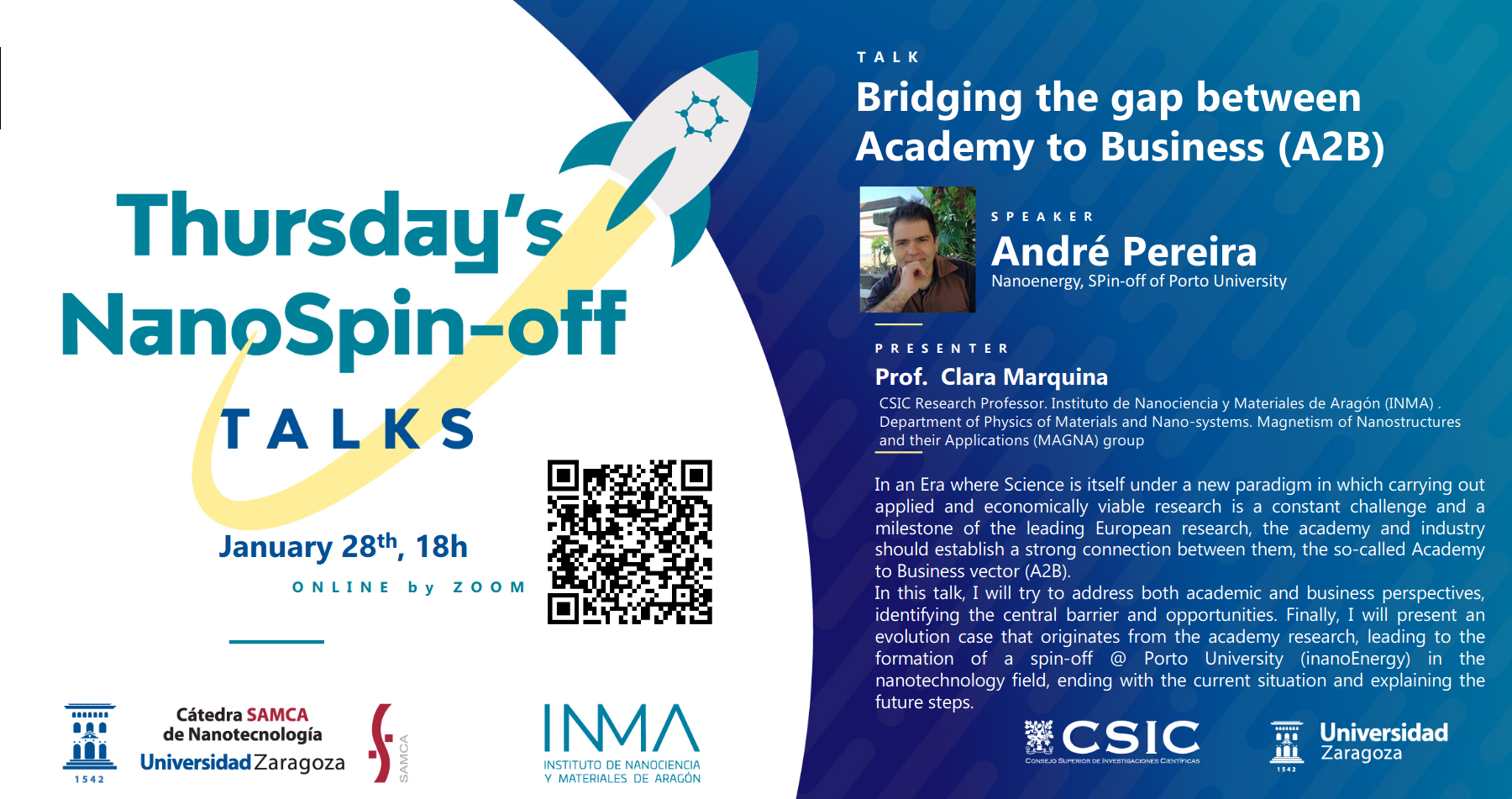 Cátedra SAMCA de Nanotecnología: “Thursday´s NanoSpin-off Talks” Bridging the gap between Academy to Business (A2B)